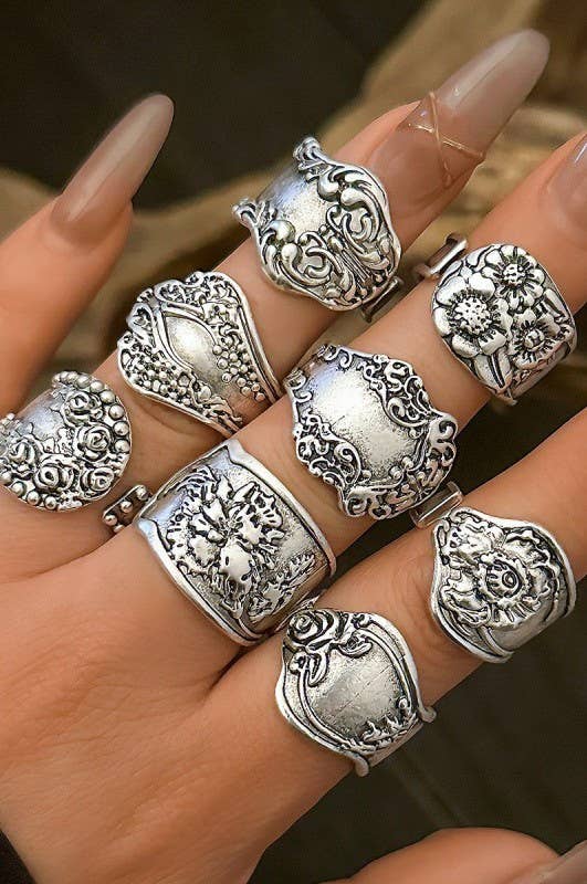 VINTAGE BOHO FLORAL STATEMENT PACK OF 8 RINGS | 40R128