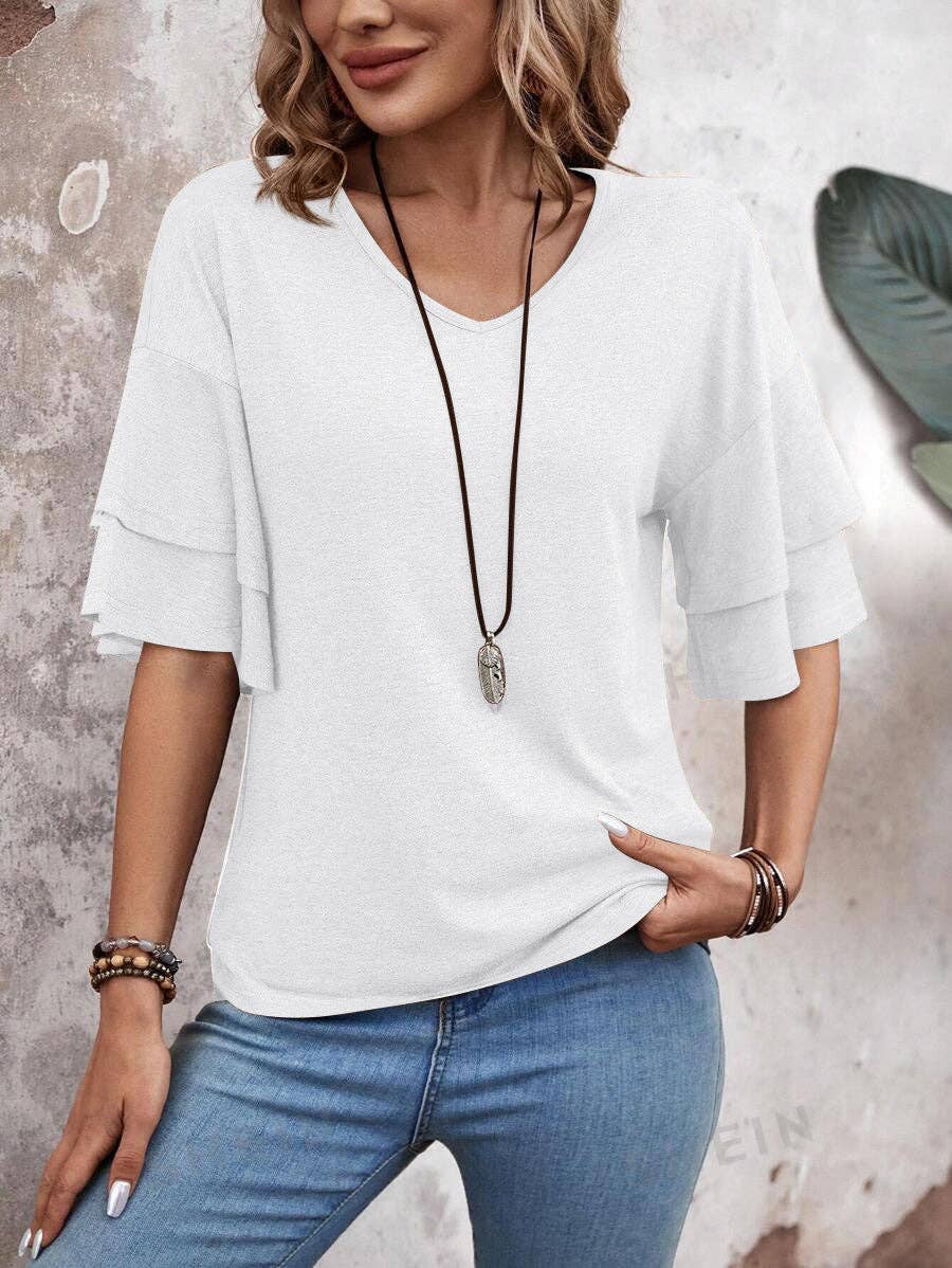 Women's V-Neck Flutter Sleeve Top – Casual Summer T-Shirt