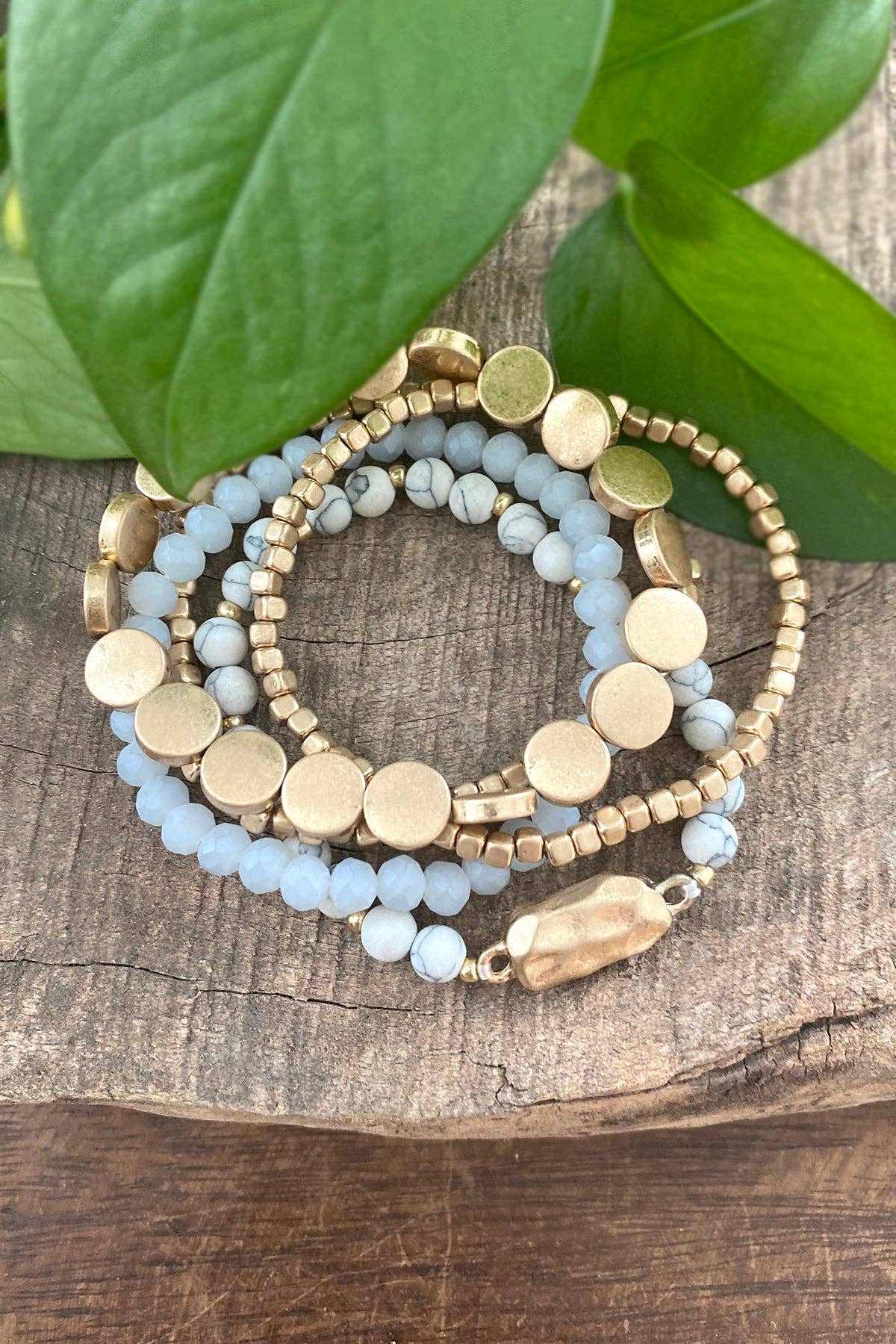 5 piece Boho Beaded Bracelets Stack Semi Precious Metal Glas
