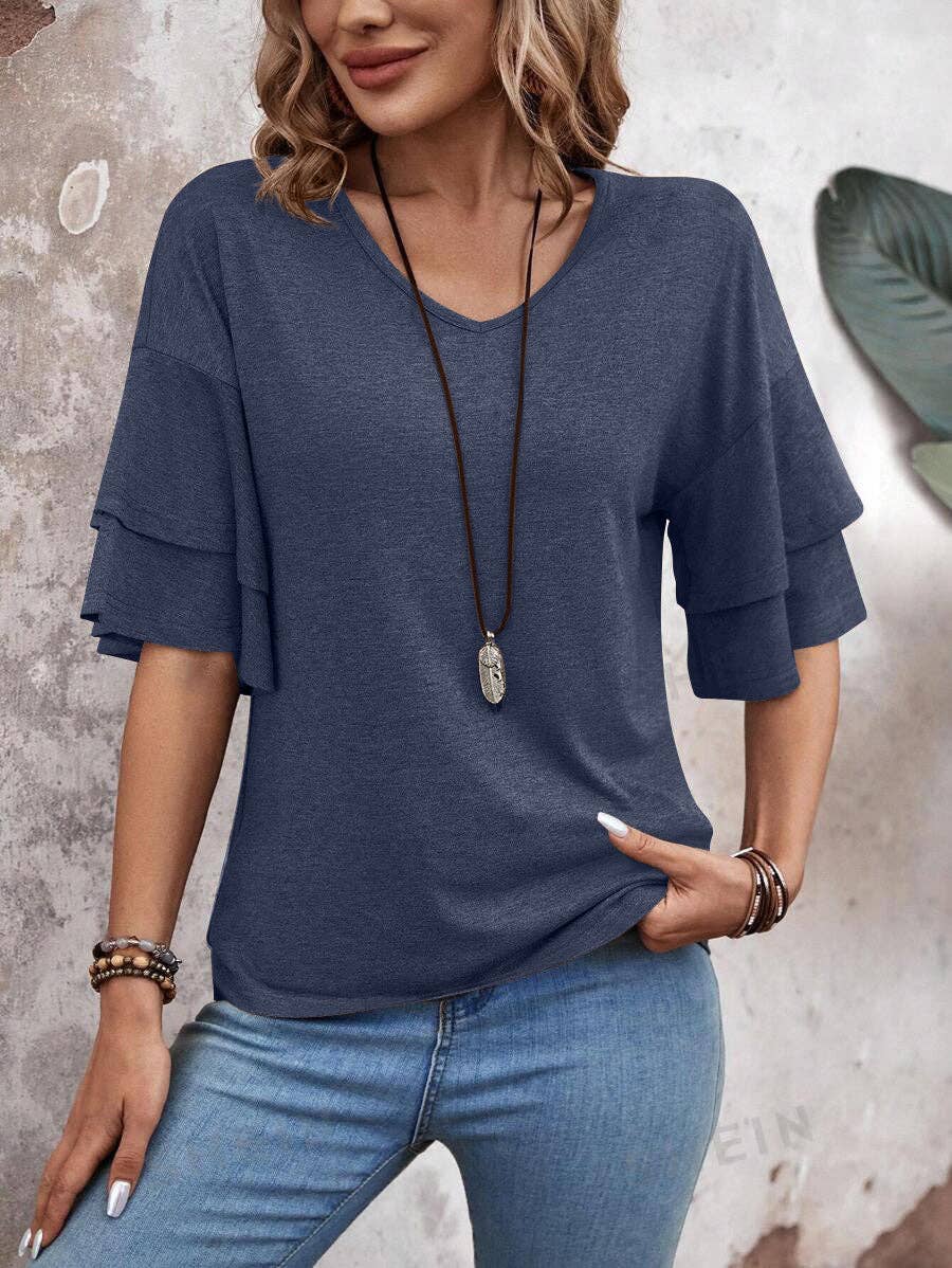 Women's V-Neck Flutter Sleeve Top – Casual Summer T-Shirt