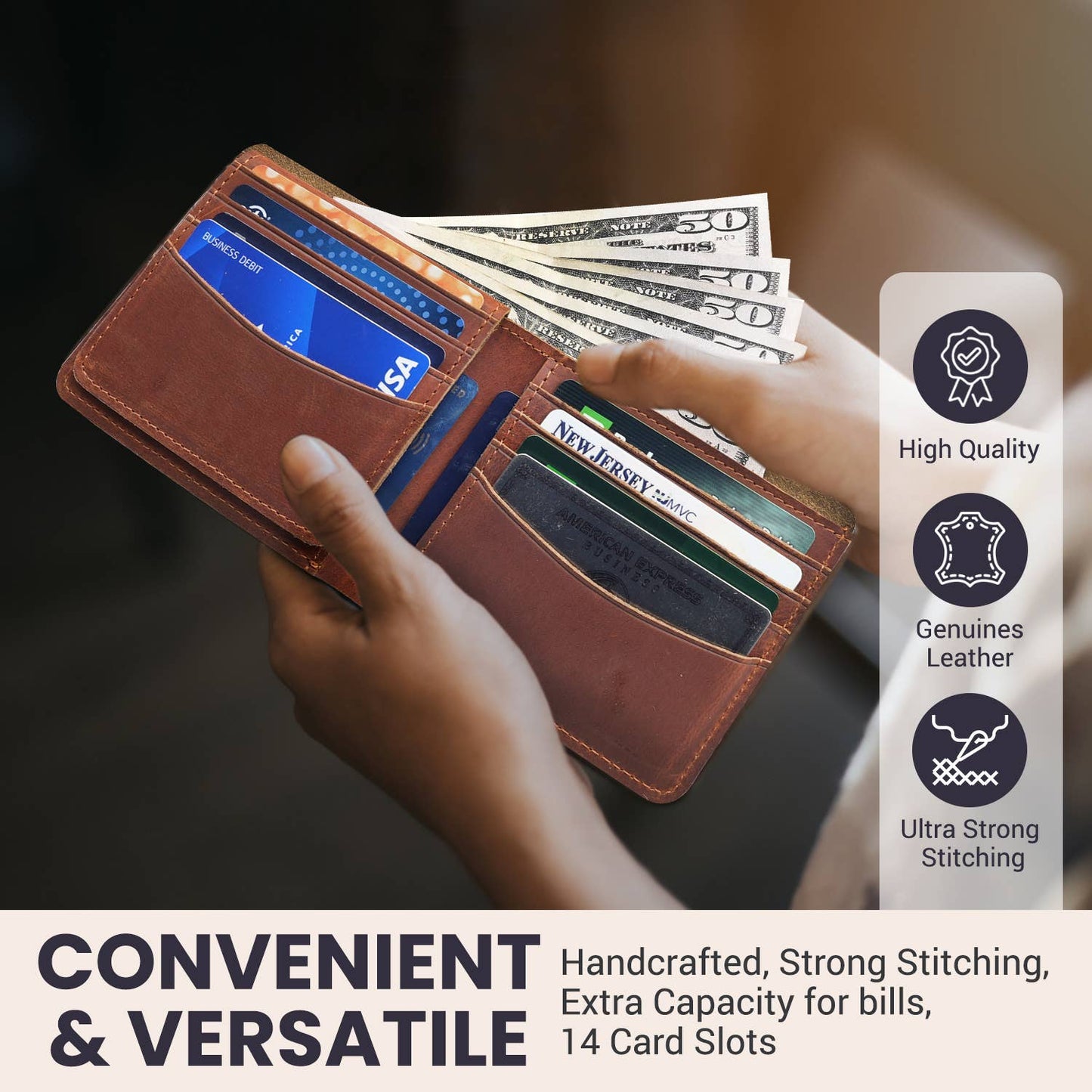 American Leather Goods - Genuine Leather Wallet for Men with Flap out ID Window