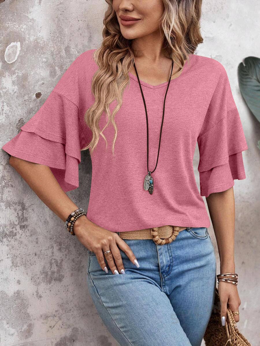 Women's V-Neck Flutter Sleeve Top – Casual Summer T-Shirt