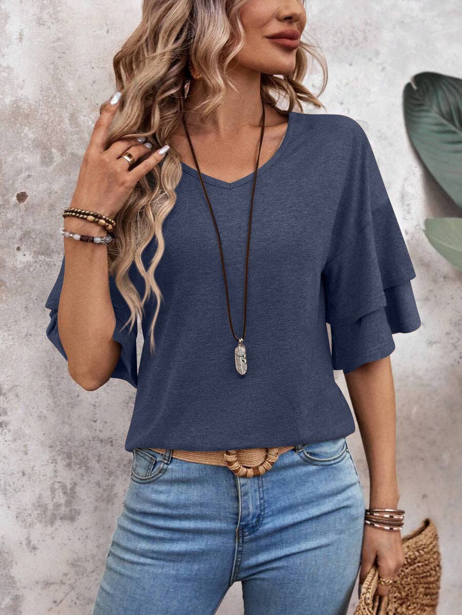 Women's V-Neck Flutter Sleeve Top – Casual Summer T-Shirt