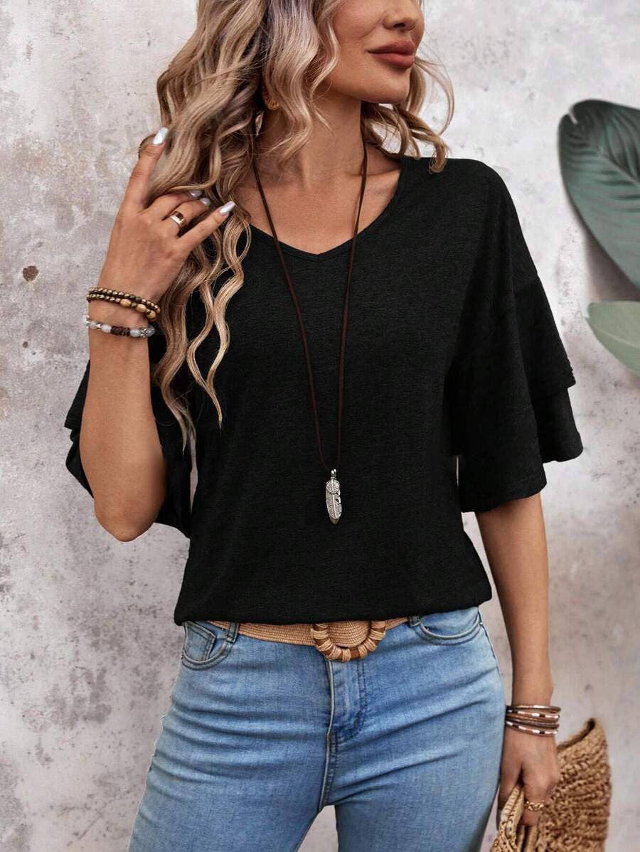 Women's V-Neck Flutter Sleeve Top – Casual Summer T-Shirt