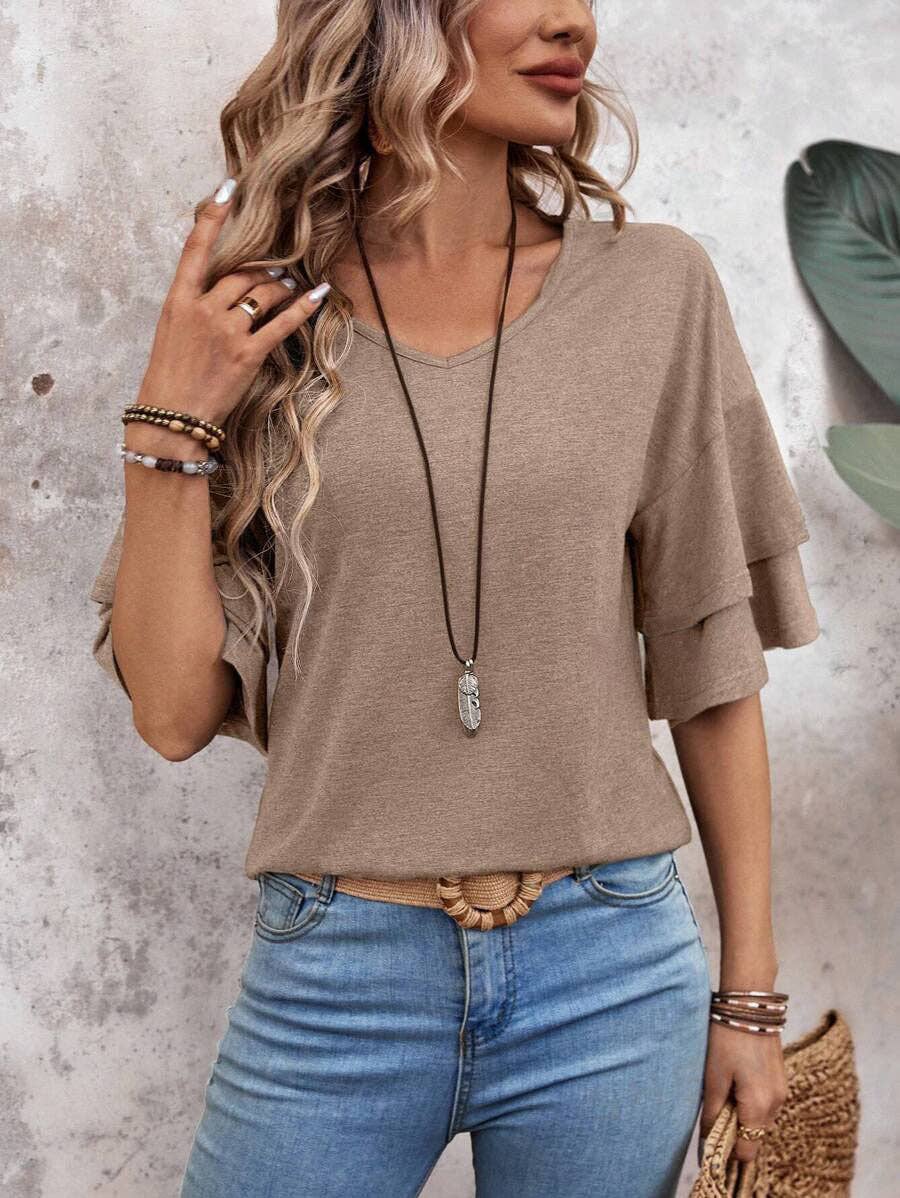 Women's V-Neck Flutter Sleeve Top – Casual Summer T-Shirt