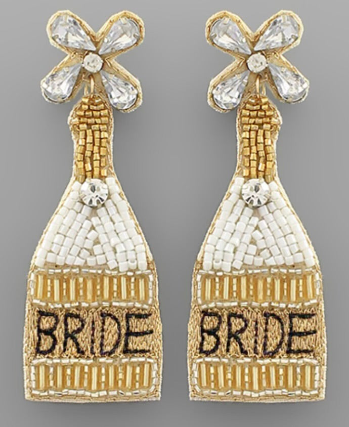 Beaded Champagne Bride Bottle Earrings- White/Gold