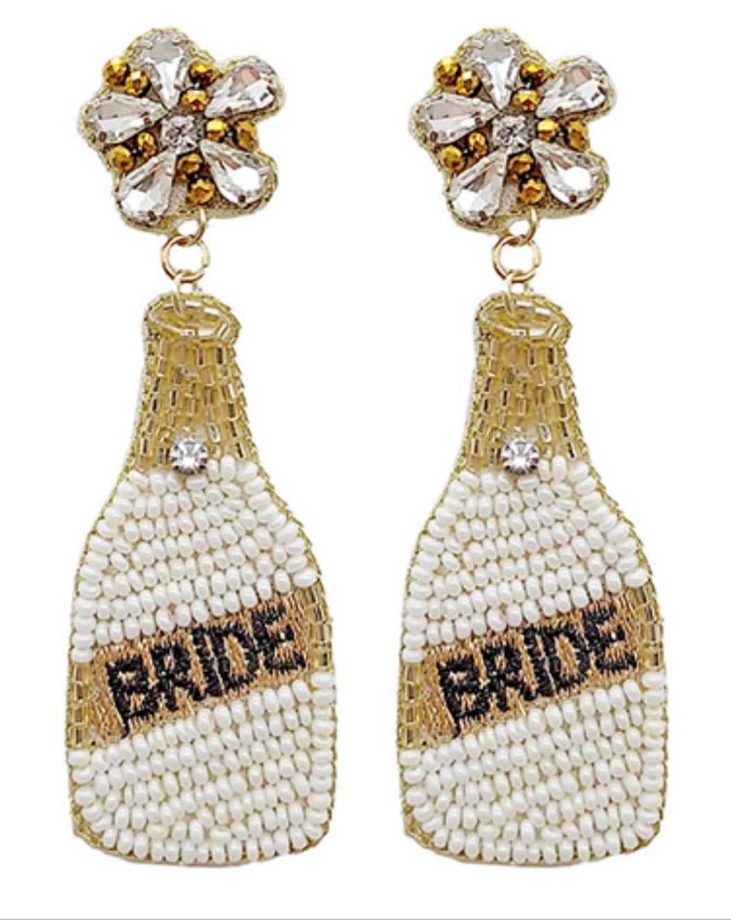 Beaded BRIDE Bottle Earrings- Ivory/Gold
