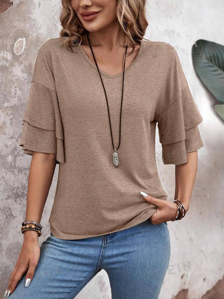 Women's V-Neck Flutter Sleeve Top – Casual Summer T-Shirt