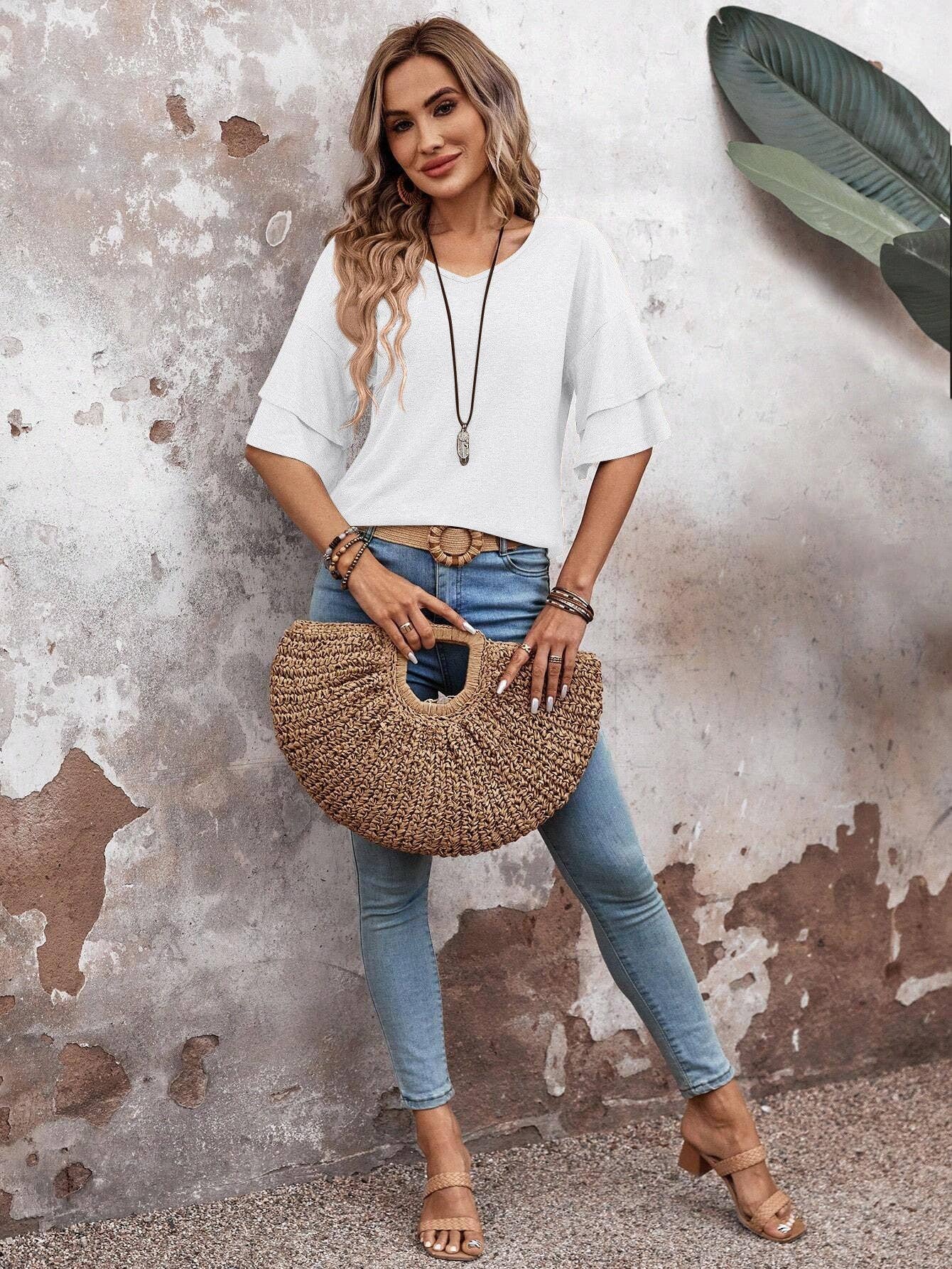 Women's V-Neck Flutter Sleeve Top – Casual Summer T-Shirt
