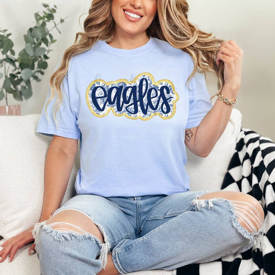 Eagles Blue Floral Mascot Faux Glitter DTF Heat Transfer