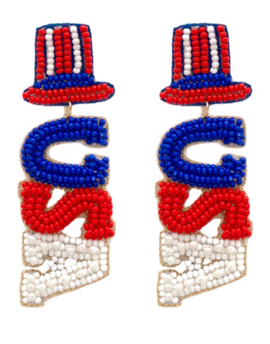 Beaded USA & Hat Drop Earrings