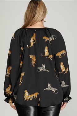 Long Sleeve V Neck Jaguar Satin Top
