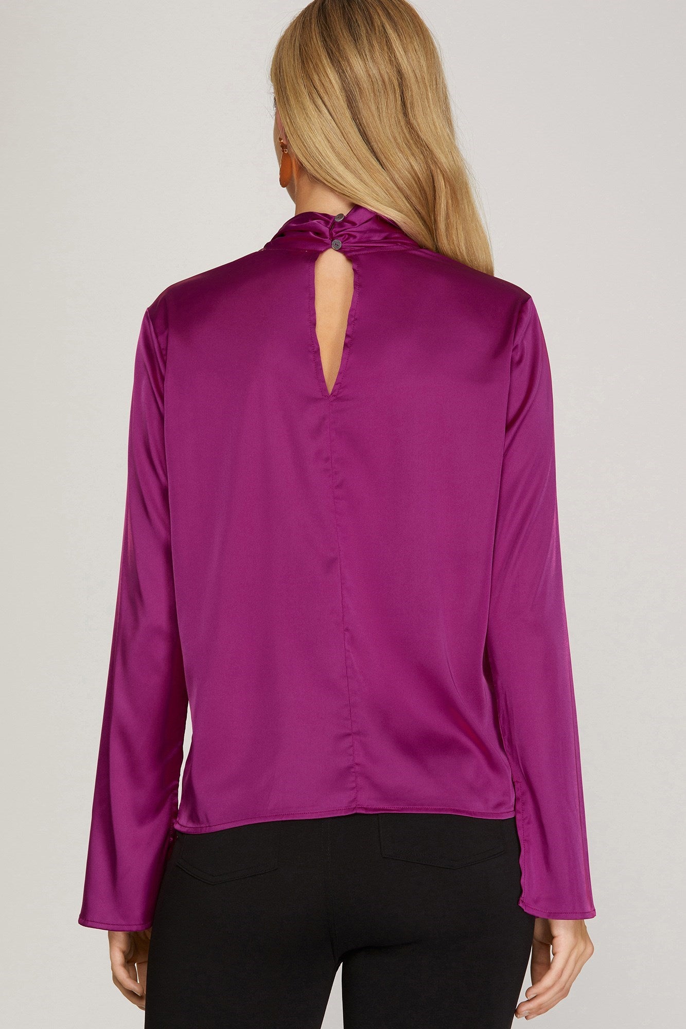 Long Sleeve Drape Neck Satin Top
