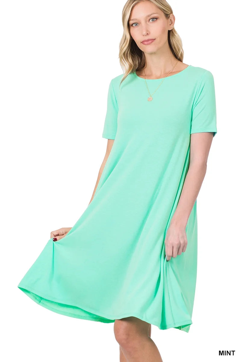 Short Sleeve Flared Dress w/ Pockets (Plus)