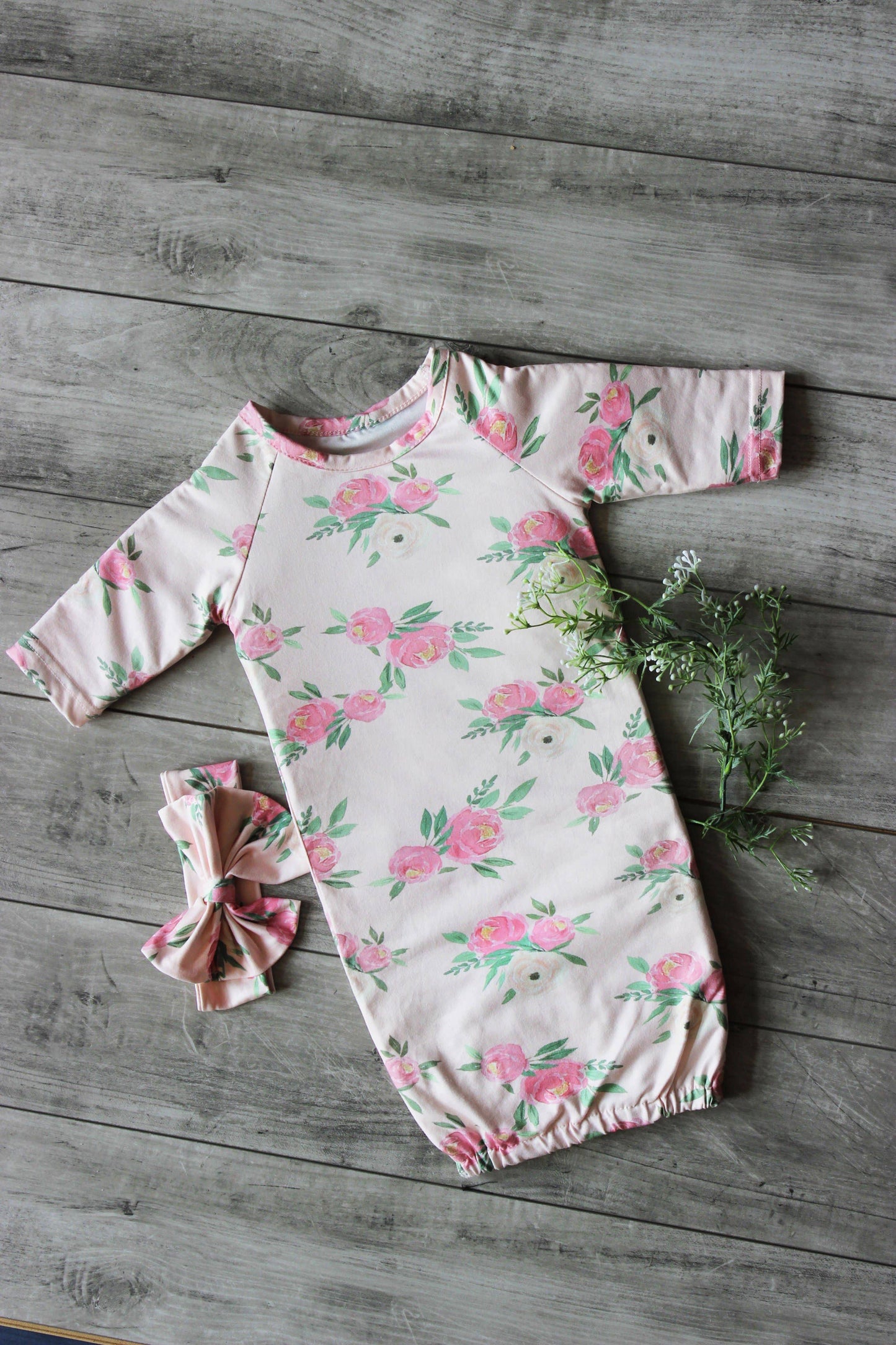 Adorable Sweetness - Infant Girls Pinky Pink Rose Baby Gown and Bow Headband