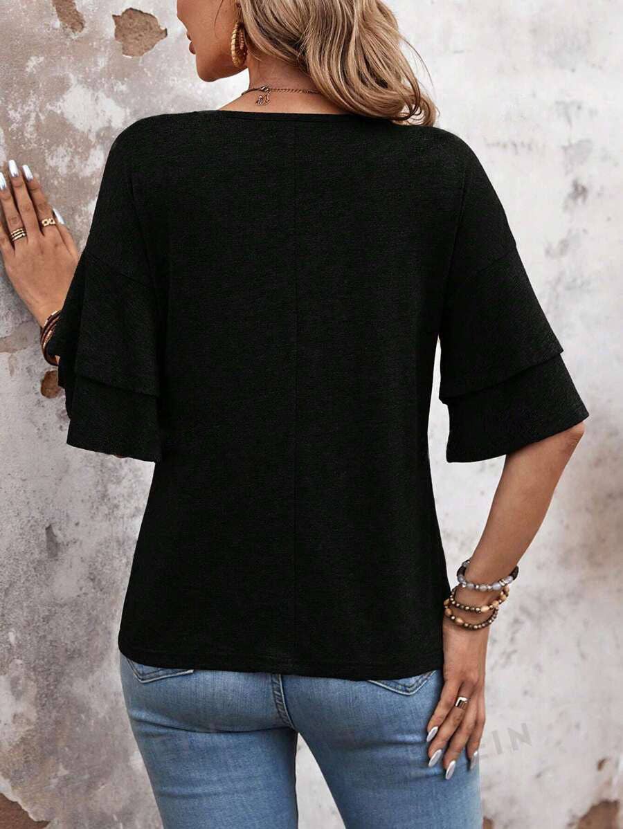 Women's V-Neck Flutter Sleeve Top – Casual Summer T-Shirt