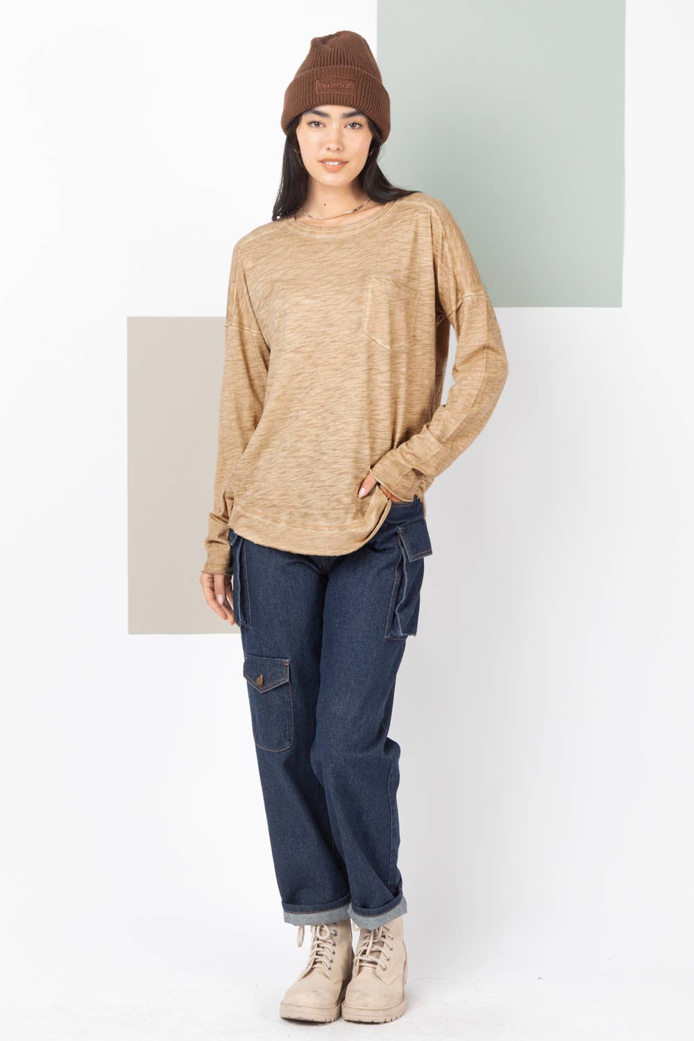 Raw Edge Detail Washed Oversized Comfy Knit in TAUPE