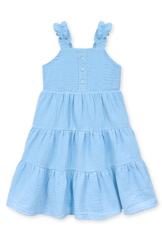 Girl's Blue Crinkle Gauze Dress w/3-Tiers