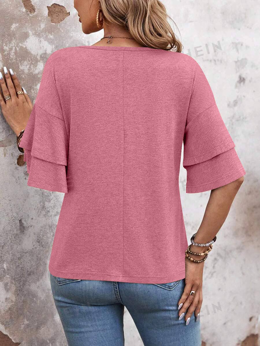 Women's V-Neck Flutter Sleeve Top – Casual Summer T-Shirt