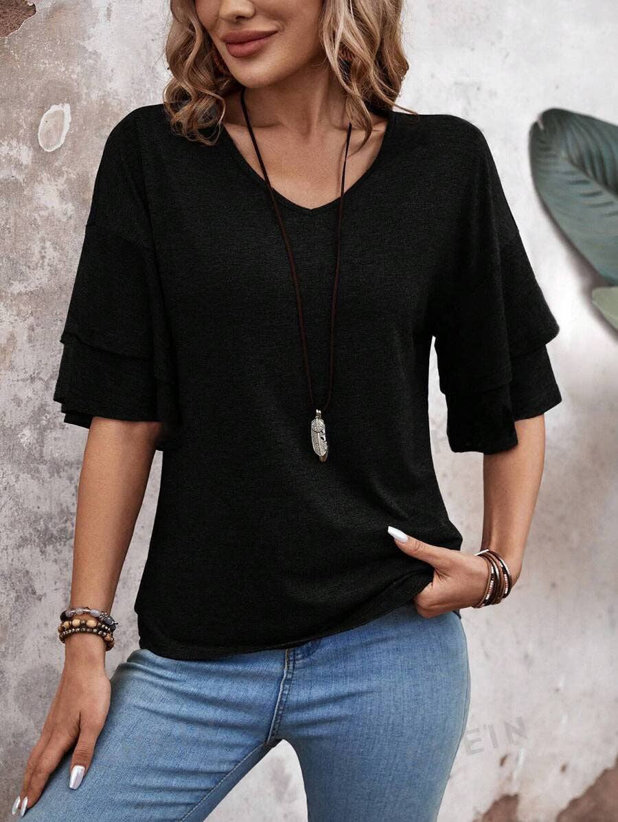 Women's V-Neck Flutter Sleeve Top – Casual Summer T-Shirt