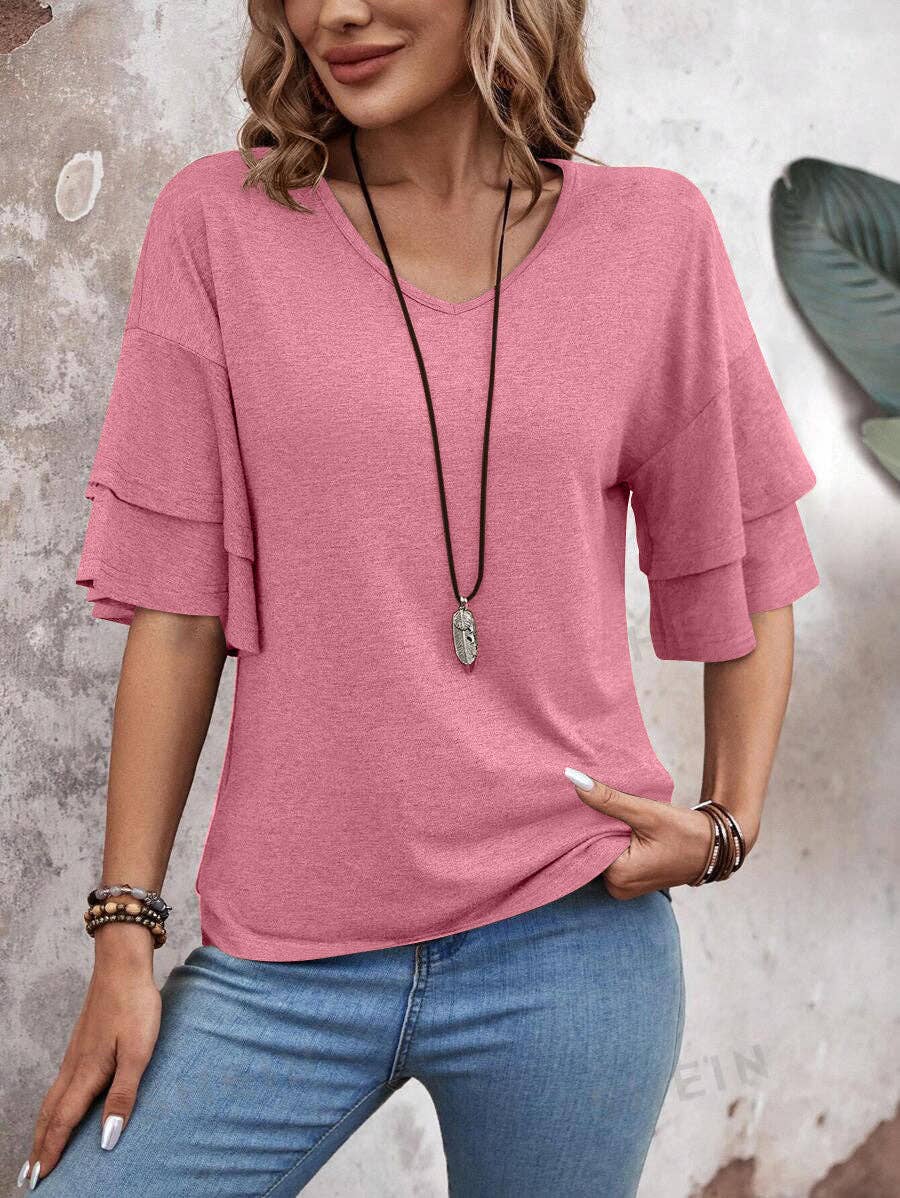 Women's V-Neck Flutter Sleeve Top – Casual Summer T-Shirt