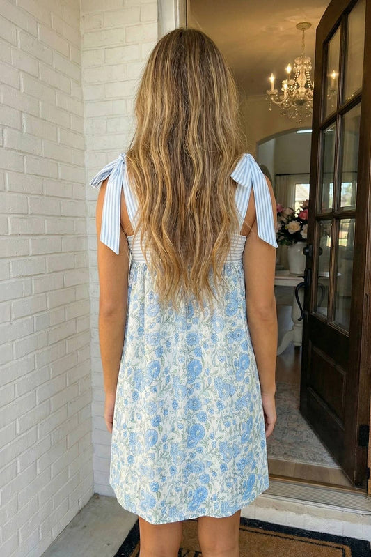Floral Stripe Patchwork Bow Knot Strap Mini Dress