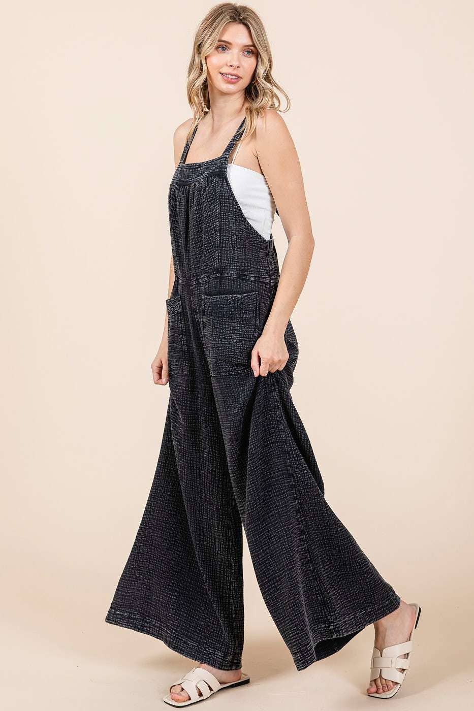 MINERAL WASHED WIDE LEG JUMPSUIT