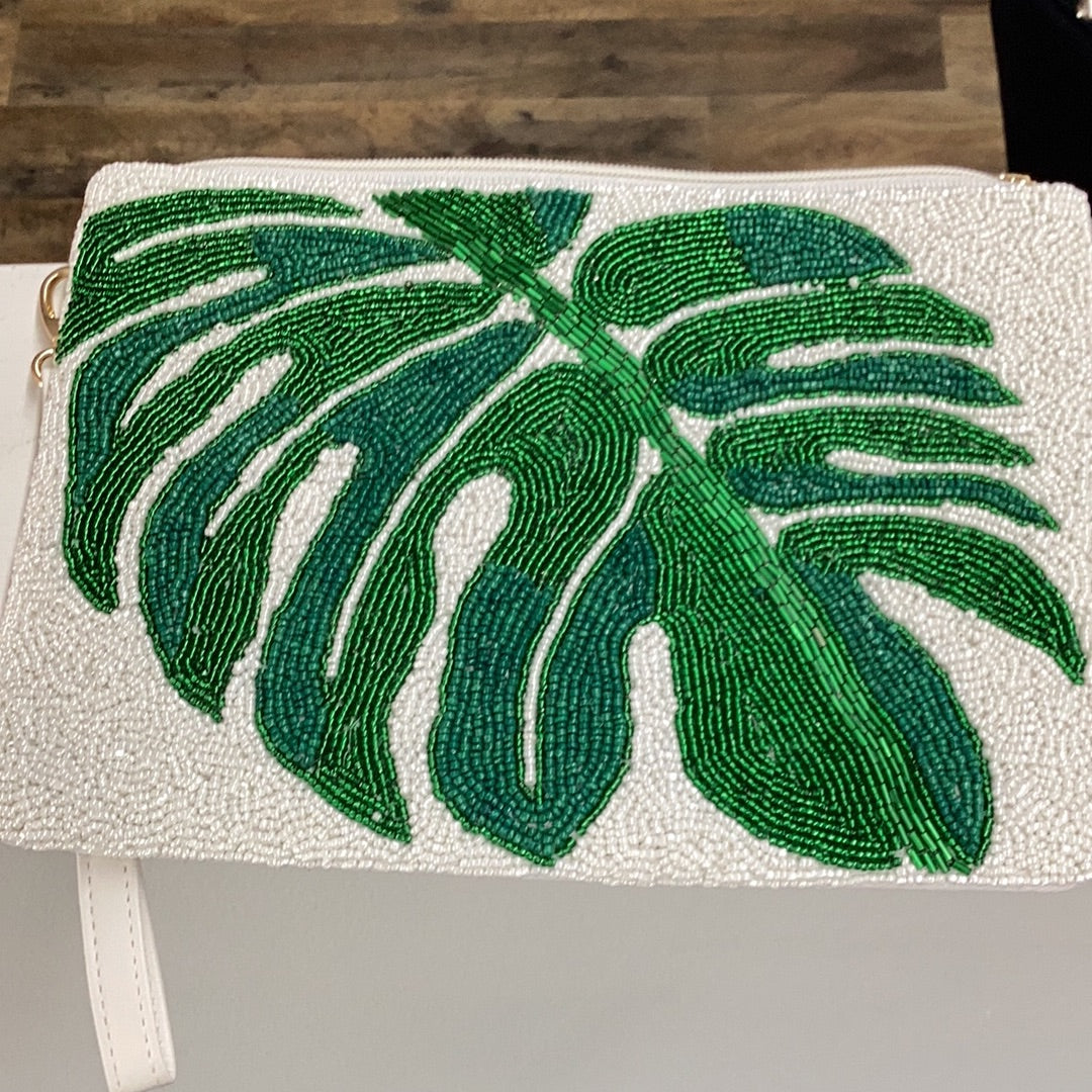 Tropical Leaf Bead Clutch White
