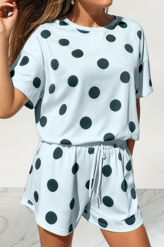Polka Dot Print Loose Tee Drawstring Short Set