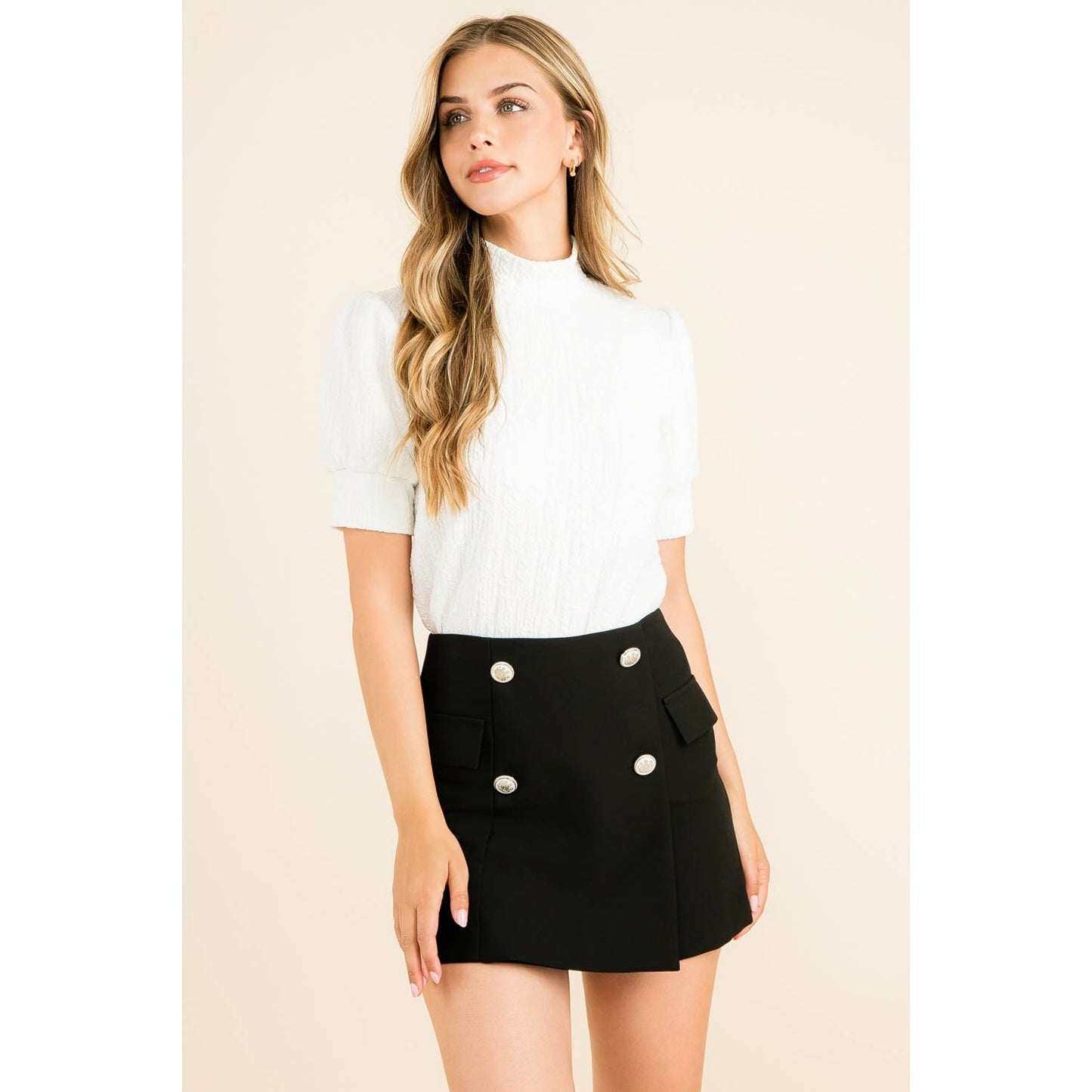 THML - Textured Mock Neck Top: WHITE