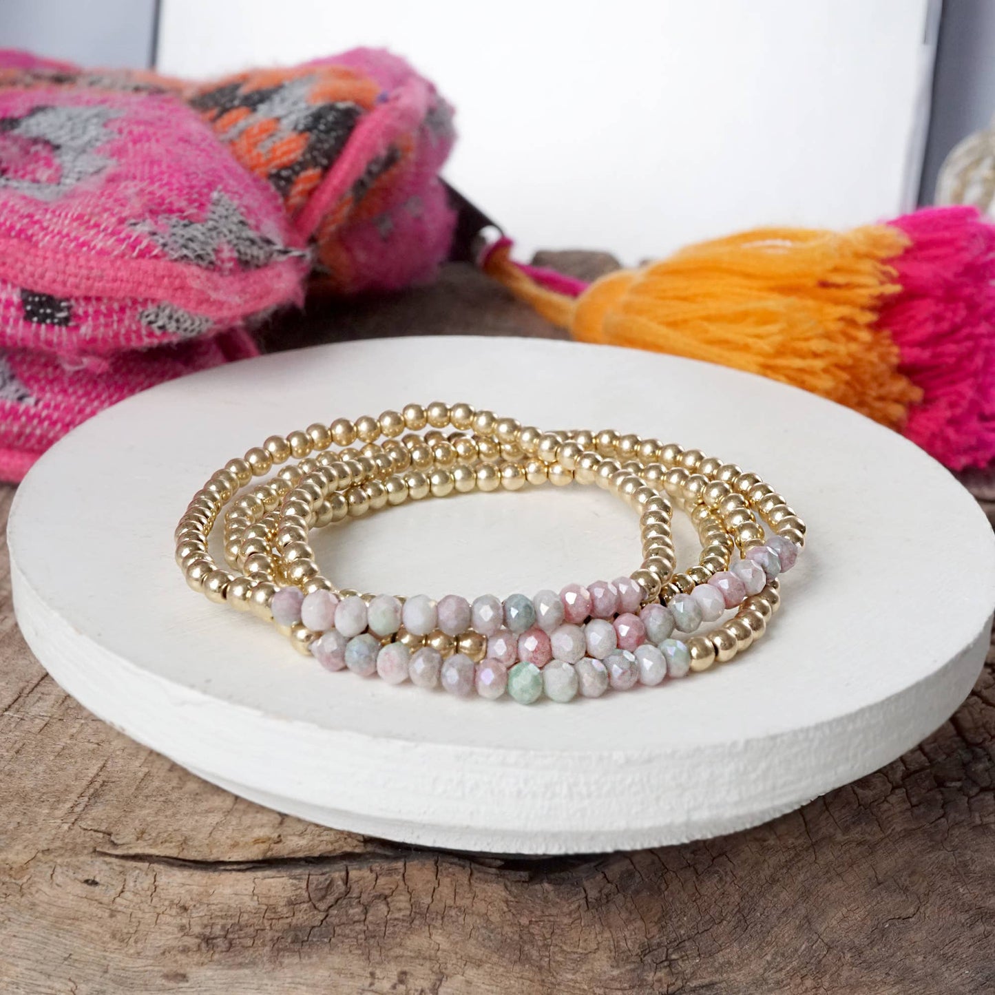 Bracelet stack Small Worn Gold Glass beads Pink Mint Denim