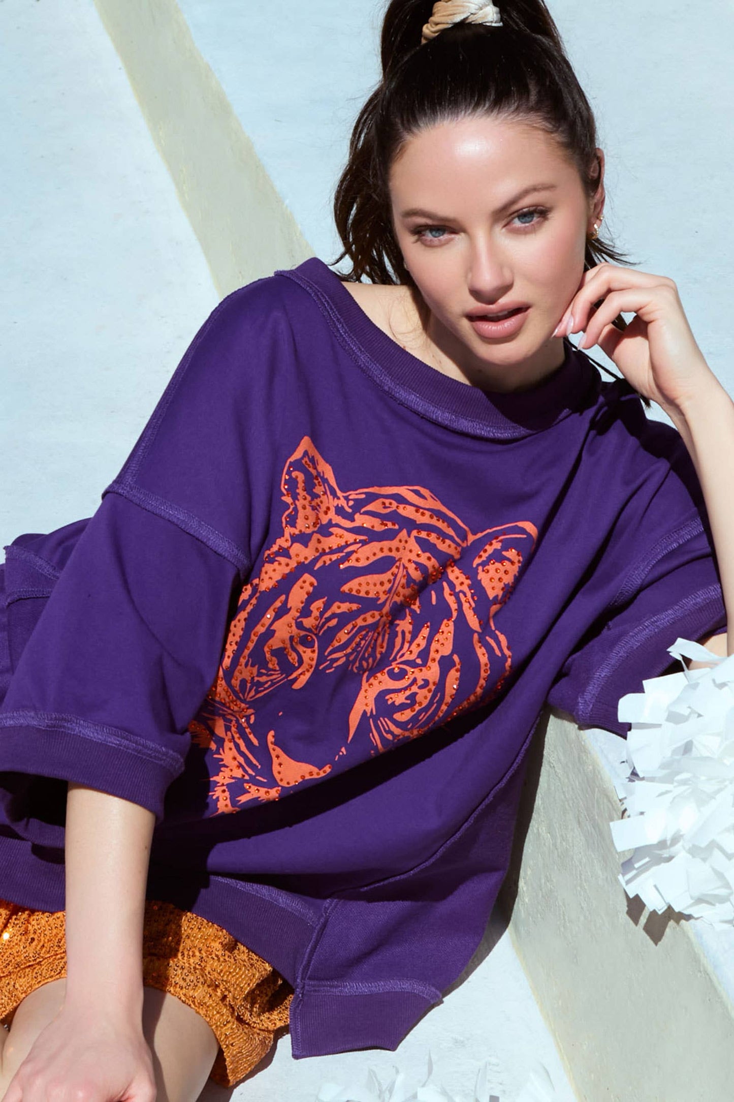 Tiger Head Sequin Purple and Orange Top