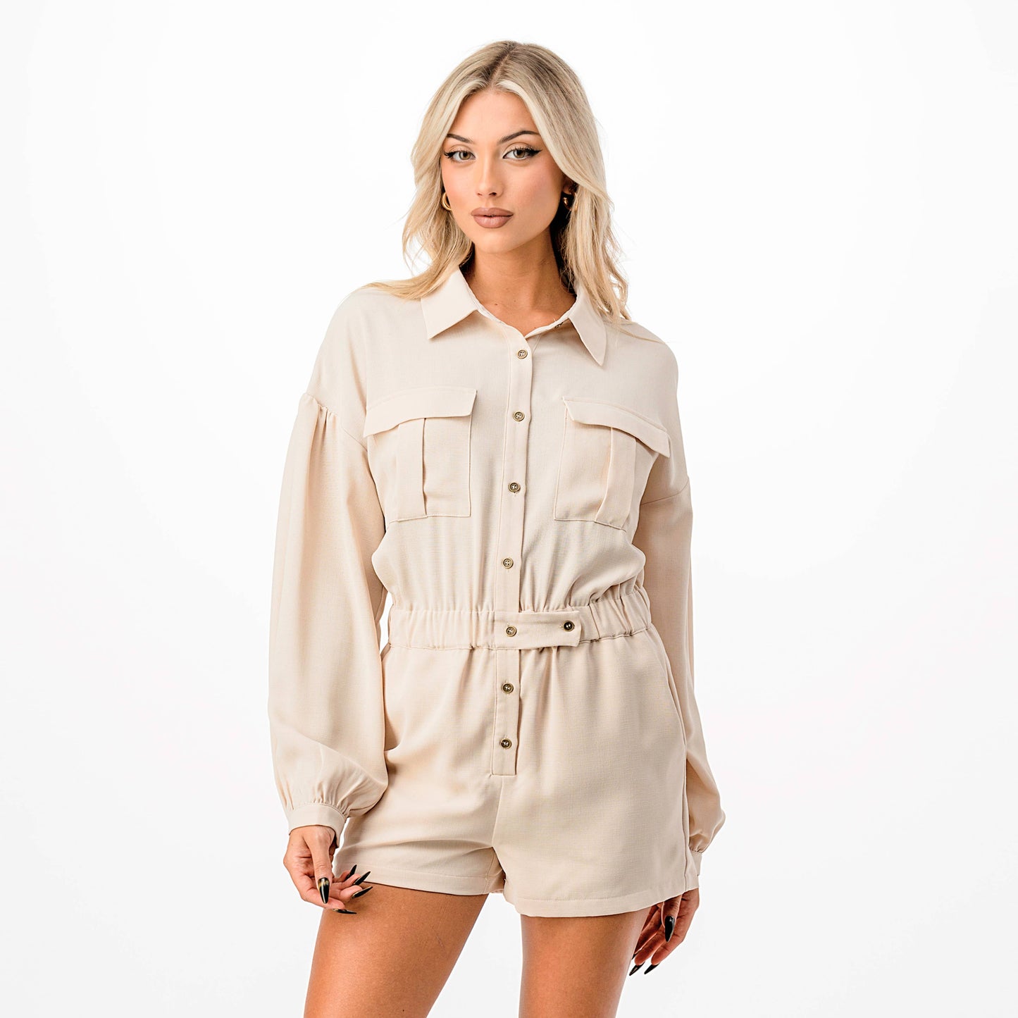 Long Sleeve Cinched Waist Utility Romper: BEIGE