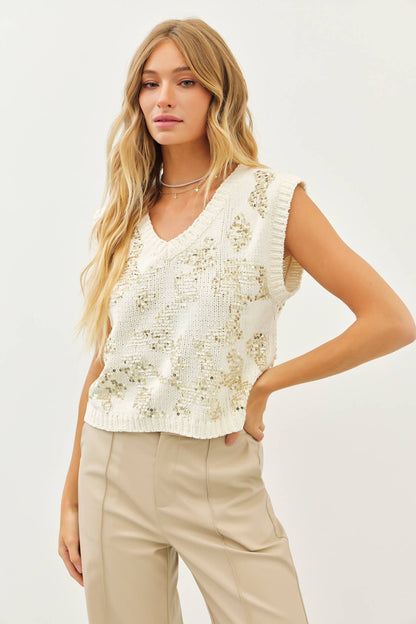 Monica Chenille Sweater Sequin Vest Cream/Gold