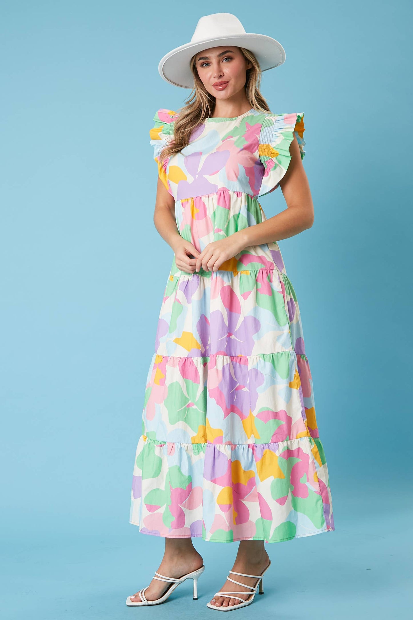 Ava Smocked Ruffle Sleeve Midi Dress: MULTI PASTEL