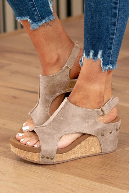 LDC Vintage Leather Stitching Studded Wedge Sandals
