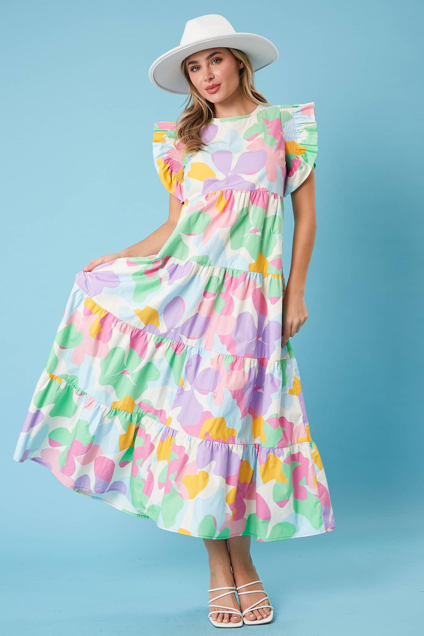 Ava Smocked Ruffle Sleeve Midi Dress: MULTI PASTEL