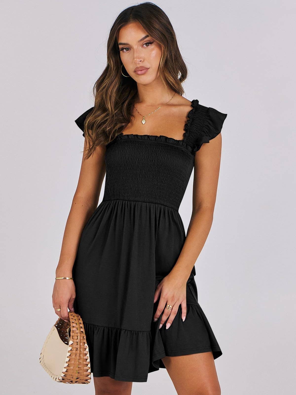 Women’s Smocked Square Neck Ruffle Sleeve Mini Dress Casual Summer Flowy A Line Dress