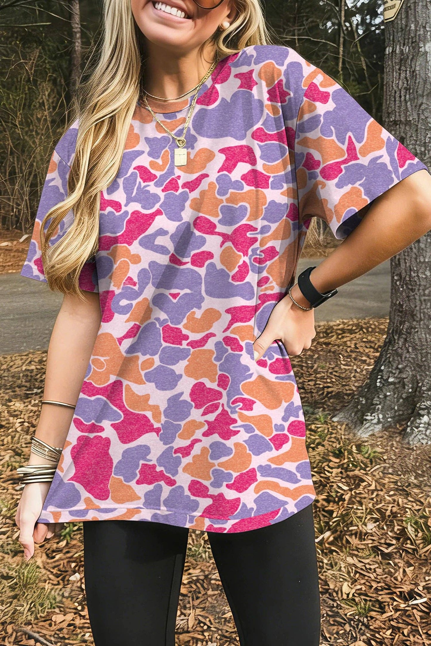 Neutral Camo Print Oversized Casual Crewneck T Shirt