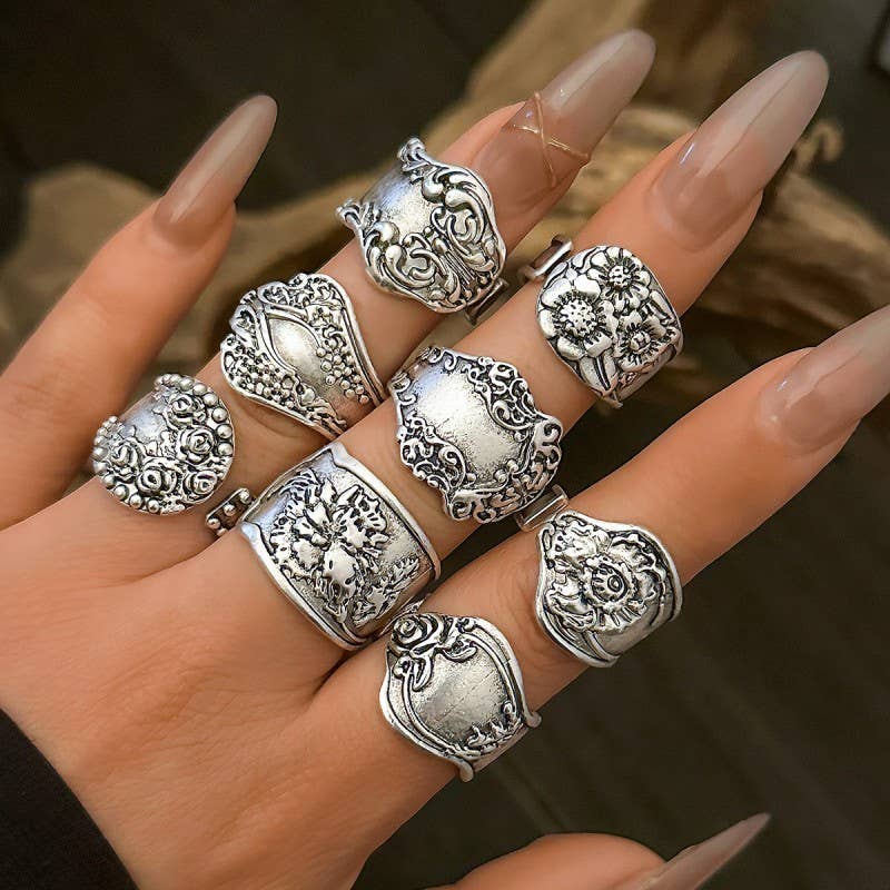 VINTAGE BOHO FLORAL STATEMENT PACK OF 8 RINGS | 40R128
