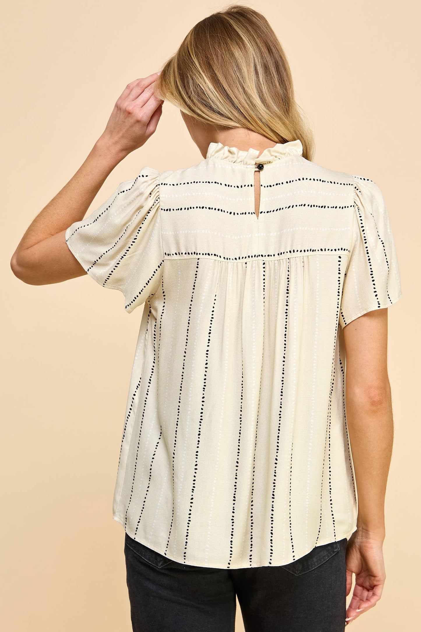 The Interview Flutter Sleeve Ruched Neck Printed Top in Stone