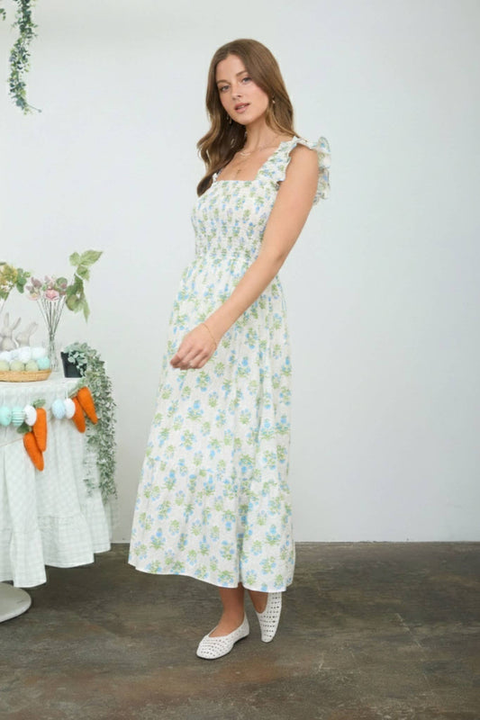 FLORAL TILE PATTERN SMOCKED SLEEVELESS MIDI DRESS