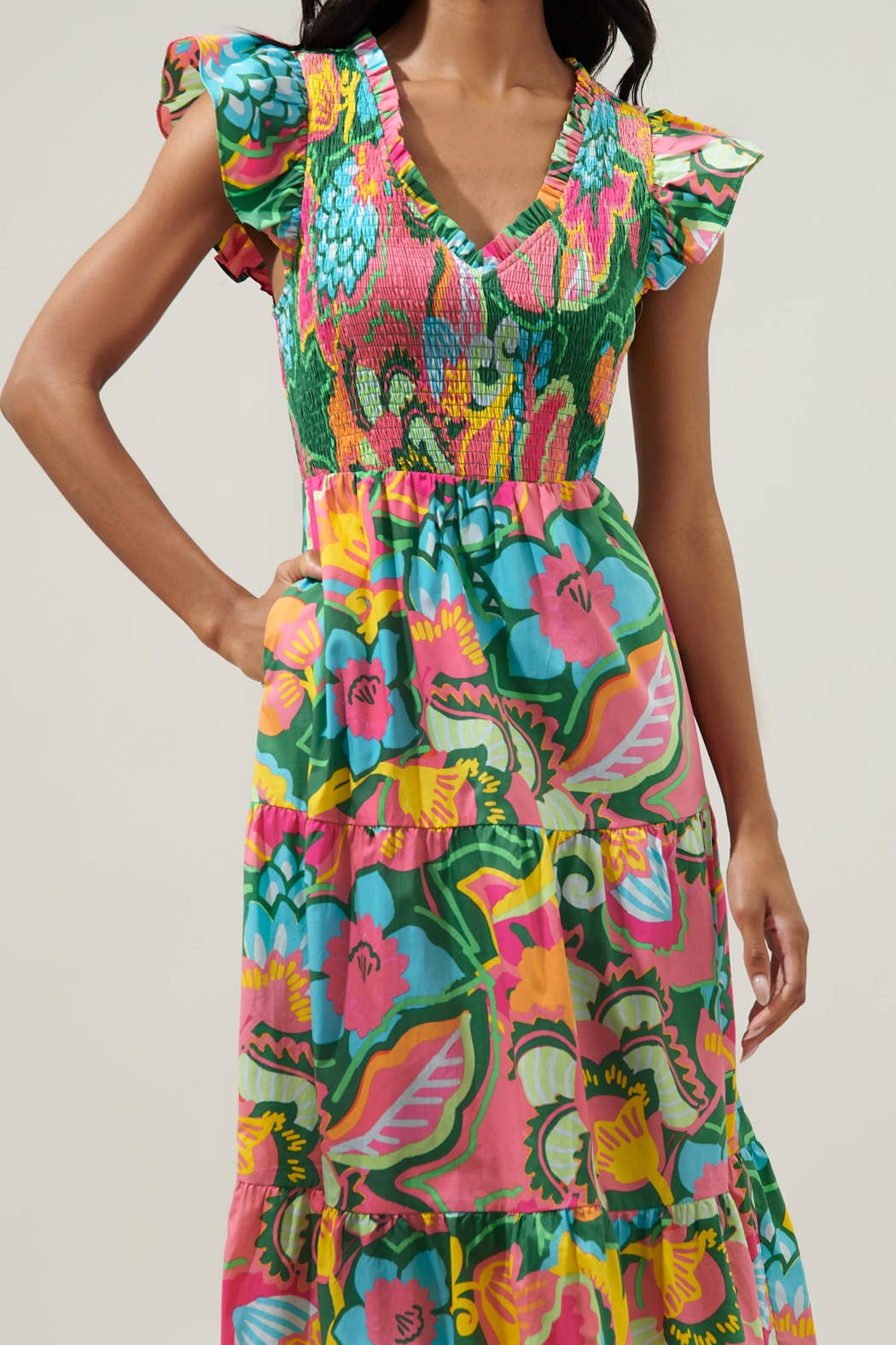 Lanai Multi Tropics Sunfire Smocked Bodice Tiered Midi Dress: KELLY-PINK-MULTI