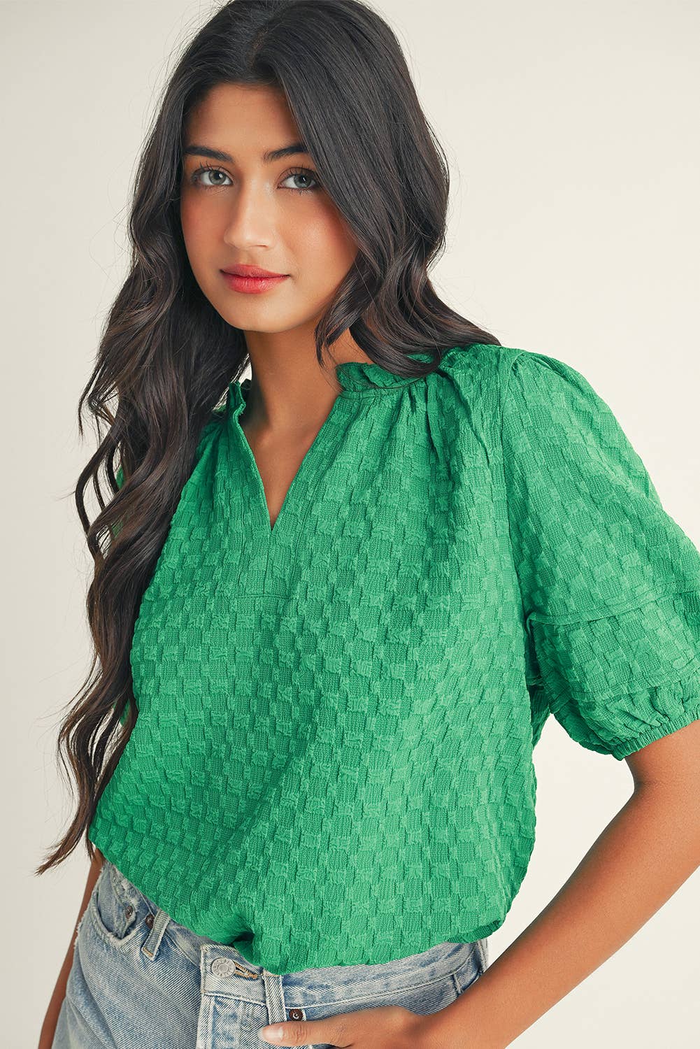 Little Daisy Closet - LDC Textured Puff Short Sleeve Notched V Neck Top: Bright Green