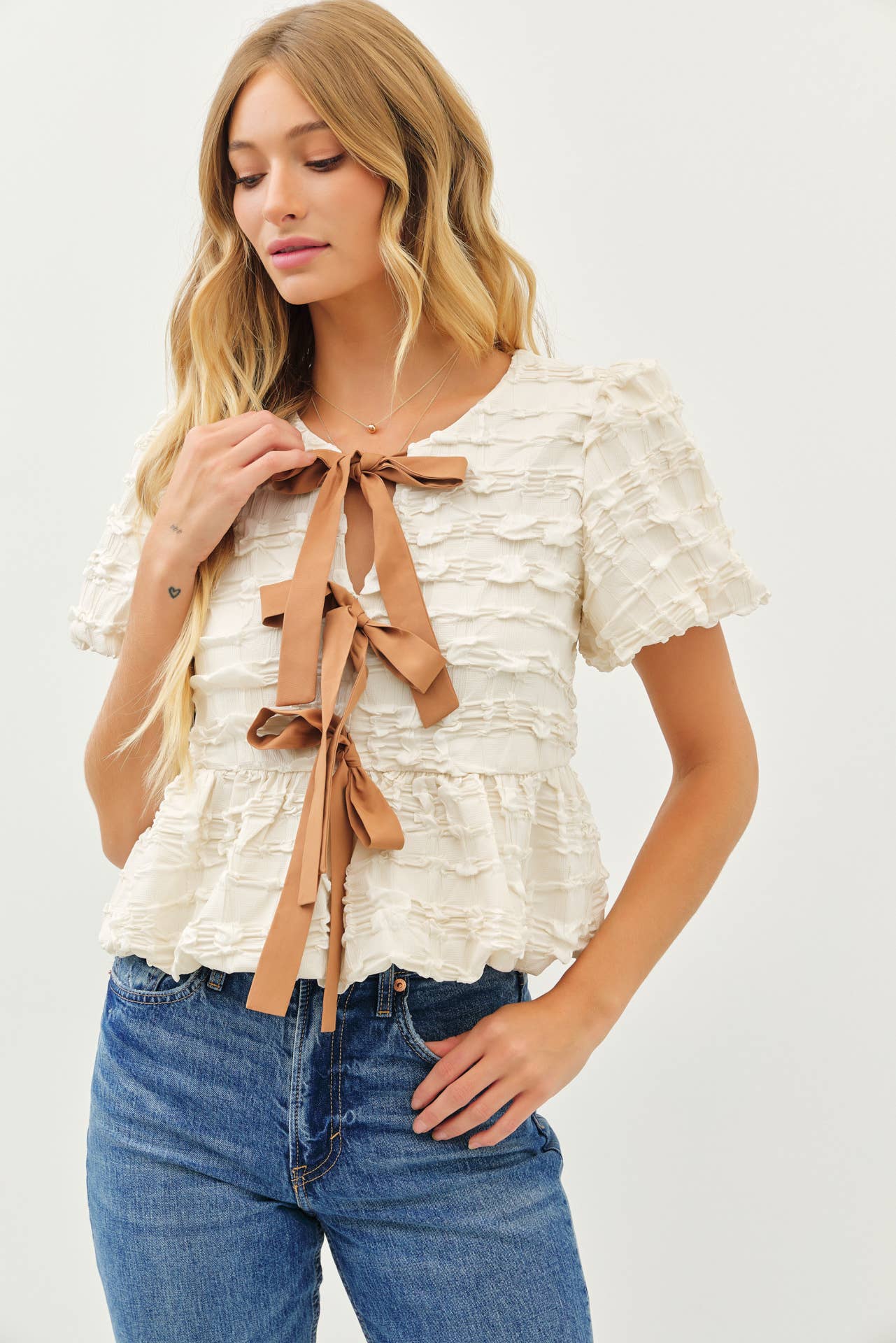 Alex Bow Babydoll Textured Blouse