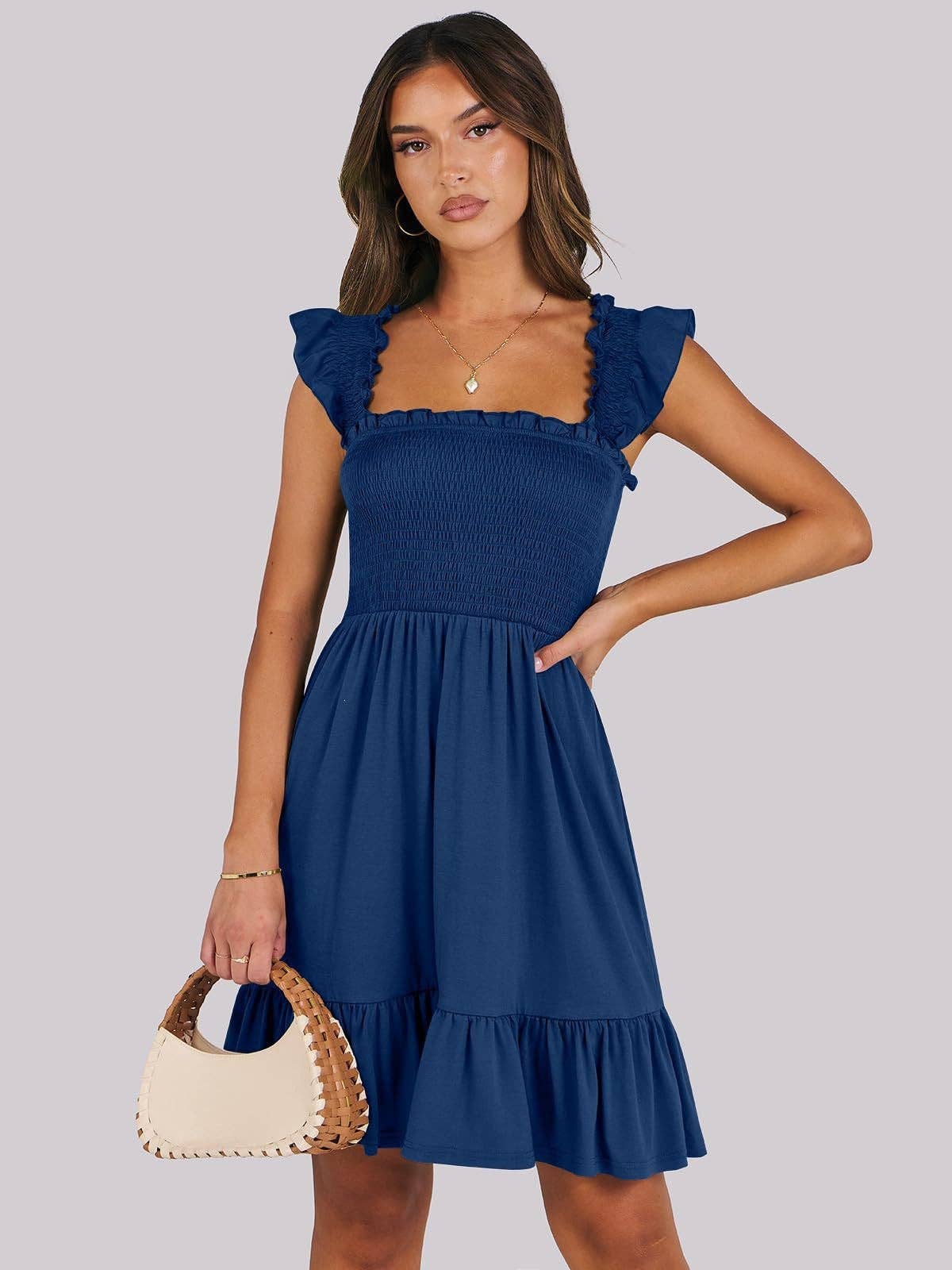 Women’s Smocked Square Neck Ruffle Sleeve Mini Dress Casual Summer Flowy A Line Dress