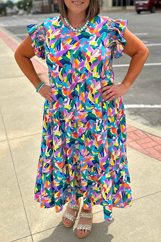 Plus Size Geometric Ruffle Sleeve Summer Maxi Dress: Blue