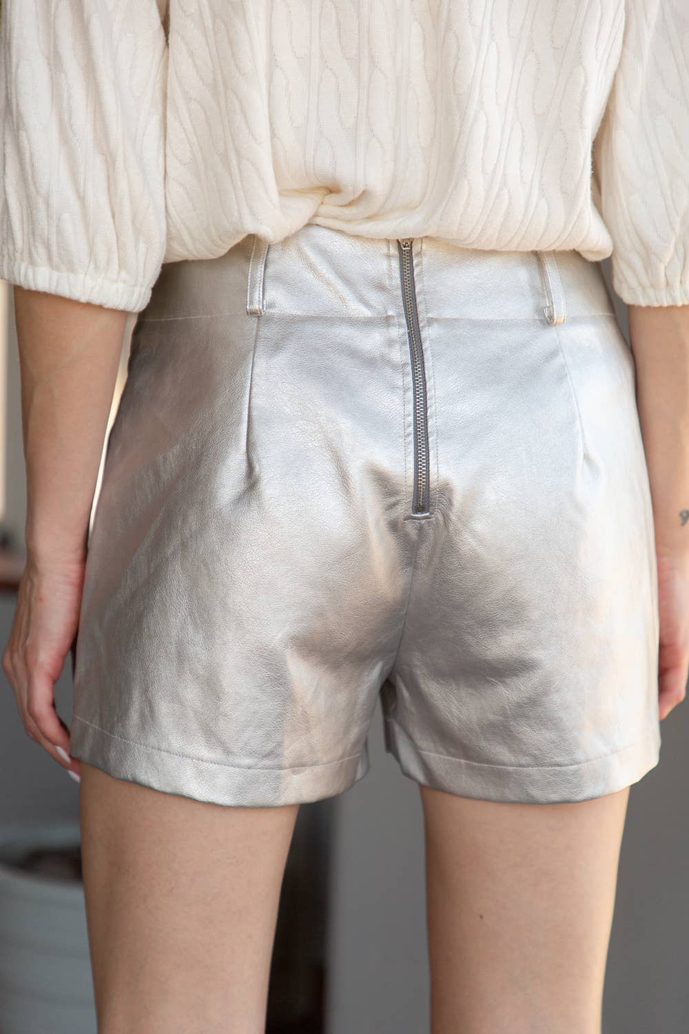 Front Pocket Metallic Silver PU Short: Silver