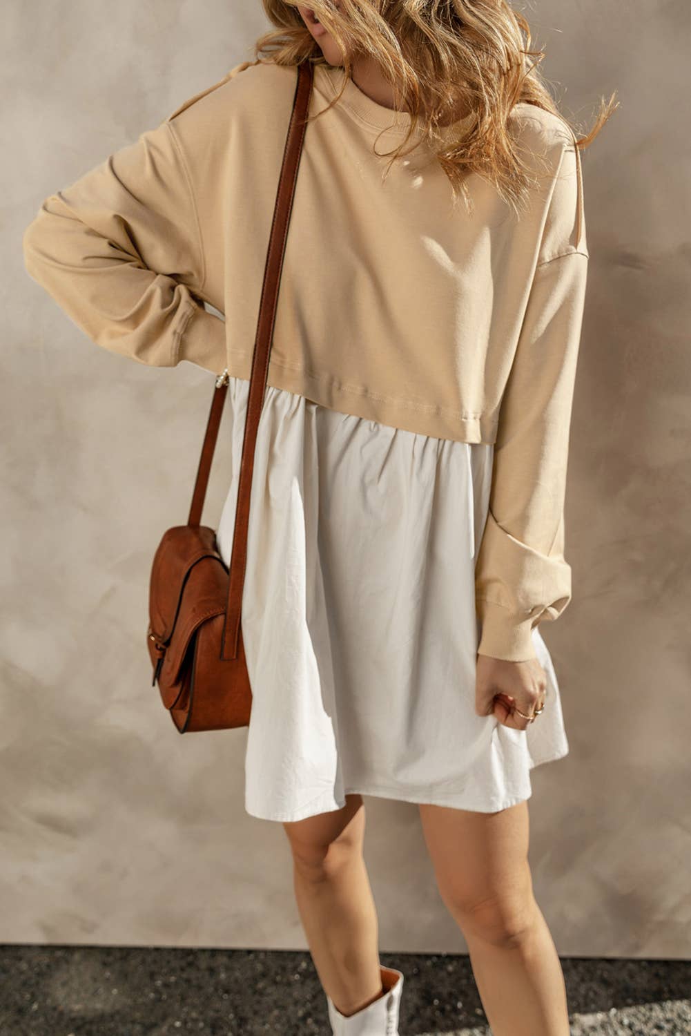 Pale Khaki Sweatshirt Poplin 2-in-1 Mini Dress