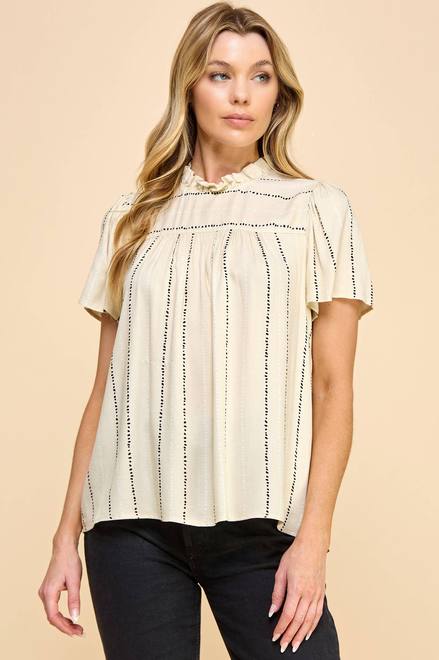 The Interview Flutter Sleeve Ruched Neck Printed Top in Stone